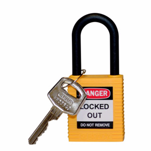 Brady Non-conductive Shackle Safety Padlocks Yellow Fiberglass, Nylon 1-1/2 in Shackle Clearance, 1/4 in Shackle Diameter