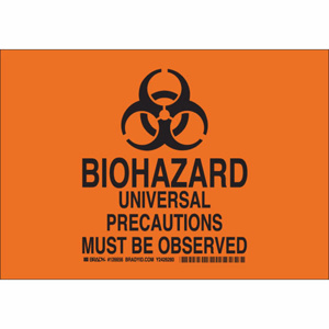 Brady B-120 Hazardous Materials Safety Signs 10 x 14 in Biohazard Universal Precautions Must Be Observed Aluminum Black/Orange