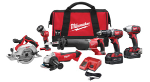 Milwaukee M18™ 6-Tool Combination Kits 1/2 in Compact Hammer Drill/Driver, SawZALL® Recip Saw, 1/4 in Hex Impact Driver, 6-1/2 in Circular Saw, 4-1/2 in Cut-off/Grinder, Work Light 18 V