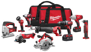 Milwaukee M18™ 9-Tool Combination Kits 1/2 in Impact Wrench, 1/4 in Hex Compact Impact Driver, 1/2 in Hammer Drill/Driver, 4-1/2 in Cut-off/Grinder, 6-1/2 in Circular Saw, Jig Saw, Right Angle Drill, SAWZALL® recip saw, Work light 18 V