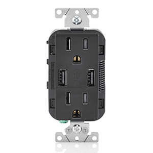 Leviton Decora® T5632 Series Combination Devices 2 USB/Duplex Black<multisep/>Black 15 A