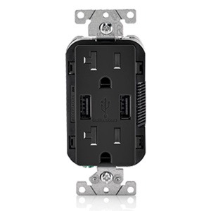 Leviton Decora® T5832 Series Combination Devices 2 USB/Duplex Black 20/3.6 A