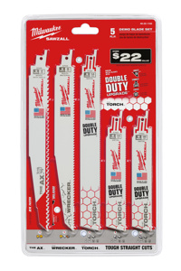 Milwaukee SAWZALL® Demo Reciprocating Saw Blade Sets (1) 5 TPI, (1) 7/11 TPI, (2) 14 TPI, (1) 18 TPI Metal<multisep/>Multi-material<multisep/>Wood