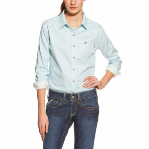 Kits - Ariat FR Tioga Button Work Shirts - Custom <em class="search-results-highlight">Logo</em> XL Aqua Plaid Womens
