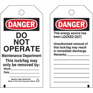 Brady B-837 Danger Do Not Operate Lockout Tags Backside: locked out, unauthorized removal Black/Red on White