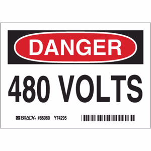 Brady B-302 480 Volts Markers Danger- 480 Volts Polyester 3-1/2 x 5 in Black/Red/White on White