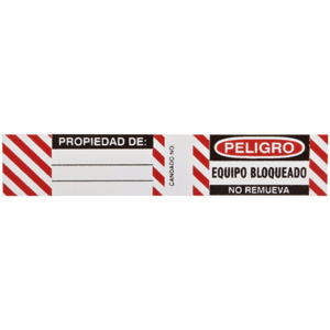 Brady B-826 Steel Padlock Labels SIDE 1: PELIGRO EQUIPO BLOQUEADO NO REMUEVA / SIDE 2: PROPIEDAD DE: ...etc Vinyl