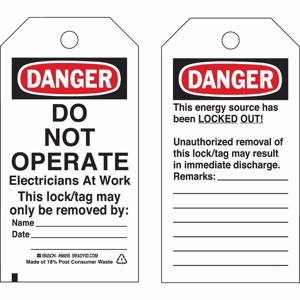 Brady B-837 Danger Do Not Operate Lockout Tags DANGER DO NOT OPERATE Electricians At Work This lock/tag may only be removed by Black/Red on White