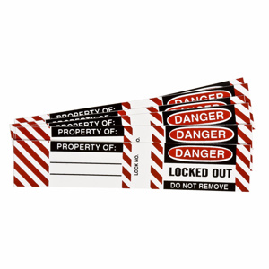 Brady B-826 Steel Padlock Labels DANGER LOCKED OUT DO NOT REMOVE Vinyl Black/Red on White