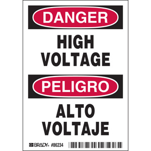 Brady B-120 Machine & Operational Safety Signs 5 x 3.5 in Danger High Voltage/ Peligro Alto Voltaje Aluminum Black/Red on White