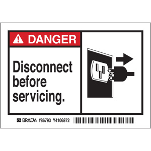 Brady B-302 Machine & Operational Safety Labels Danger <em class="search-results-highlight">Disconnect</em> Before Servicing Polyester 3-1/2 x 5 in Black/Red on White Brady B-302 Machine & Operational Safety Labels Danger <em class="search-results-highlight">Disconnect</em> Before Servicing Polyester 3-1/2 x 5 in Black/Red on White