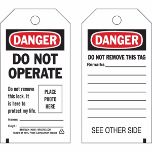 Brady B-837 Danger Do Not Operate Lockout Tags 5-3/4 x 3 in Black/Red on White