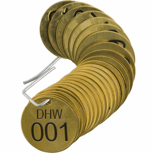 Brady B-907 Stamped Brass Valve Tags DHW 001 - 025 Brass Black on Brass 1.5 in