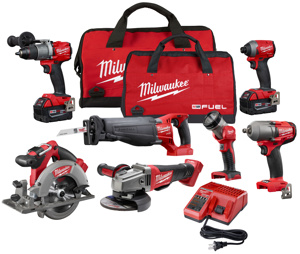 Milwaukee M18™ FUEL™ 7-Tool Combination Kits 1/2 in Hammer Drill/Driver, 1/4 in Hex Impact Driver, SAWZALL® reciprocating saw, 6-1/2 in Circular Saw, 1/2 in Mid-torque Impact Wrench, 4-1/2 / 5 in Grinder, Work Light