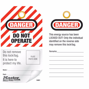 Master Lock Self-laminating Lockout Tags Danger Do Not Operate Withstands over 50lbs (22.7kg) of pull force Black/Red/White