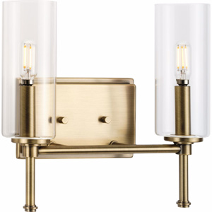 Progress Lighting Elara Vanity Light Fixtures Clear Glass Cylindrical Vintage Brass