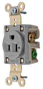 Hubbell Wiring Straight Blade Single Receptacles 20 A 125 V 2P3W 5-20R Specification HBL® Extra Heavy Duty Max Dry Location Gray