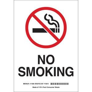 Brady B-120 No Smoking Safety Signs 10 x 7 in No Smoking Aluminum Black/Red on White